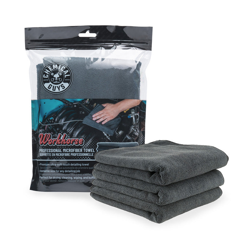 Chemical Guys Serviette microfibre professionnelle Workhorse (caoutchouc/plastique/vinyle) - Noir 16x16'' (lot de 3)