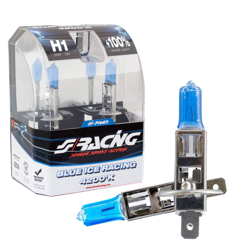 Simoni Racing, Halogenpærer 'Blue Ice Racing' H1 (4200K) 12V/55W - Sæt af 2 stk. ECE-R37 E-Mærke