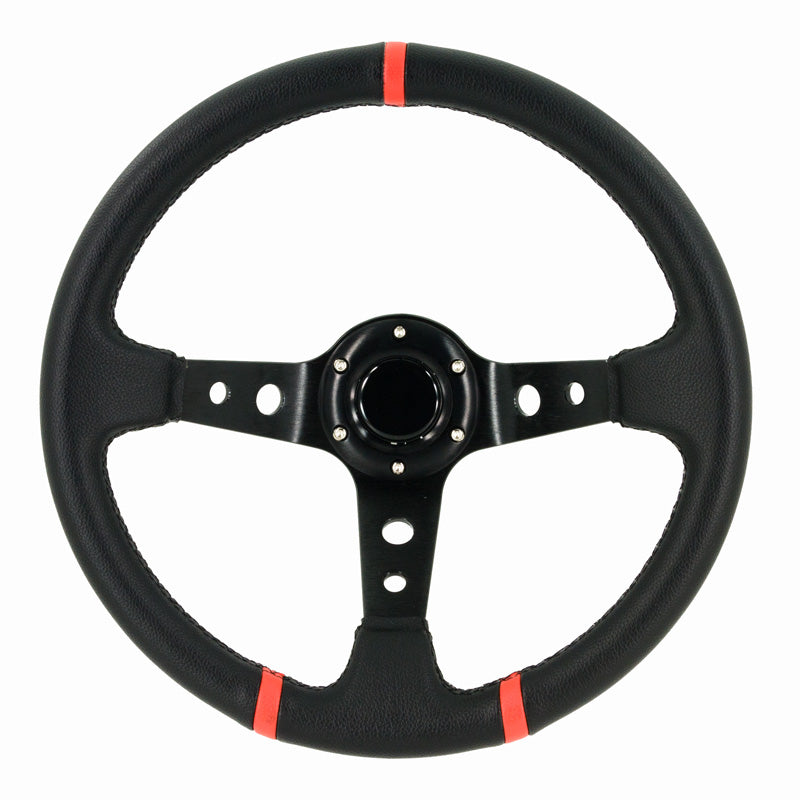 AutoStyle, Sport Rat med Dyb Skål - Ø350mm - Sort PVC-læder + Sorte Eger + Røde Striber
